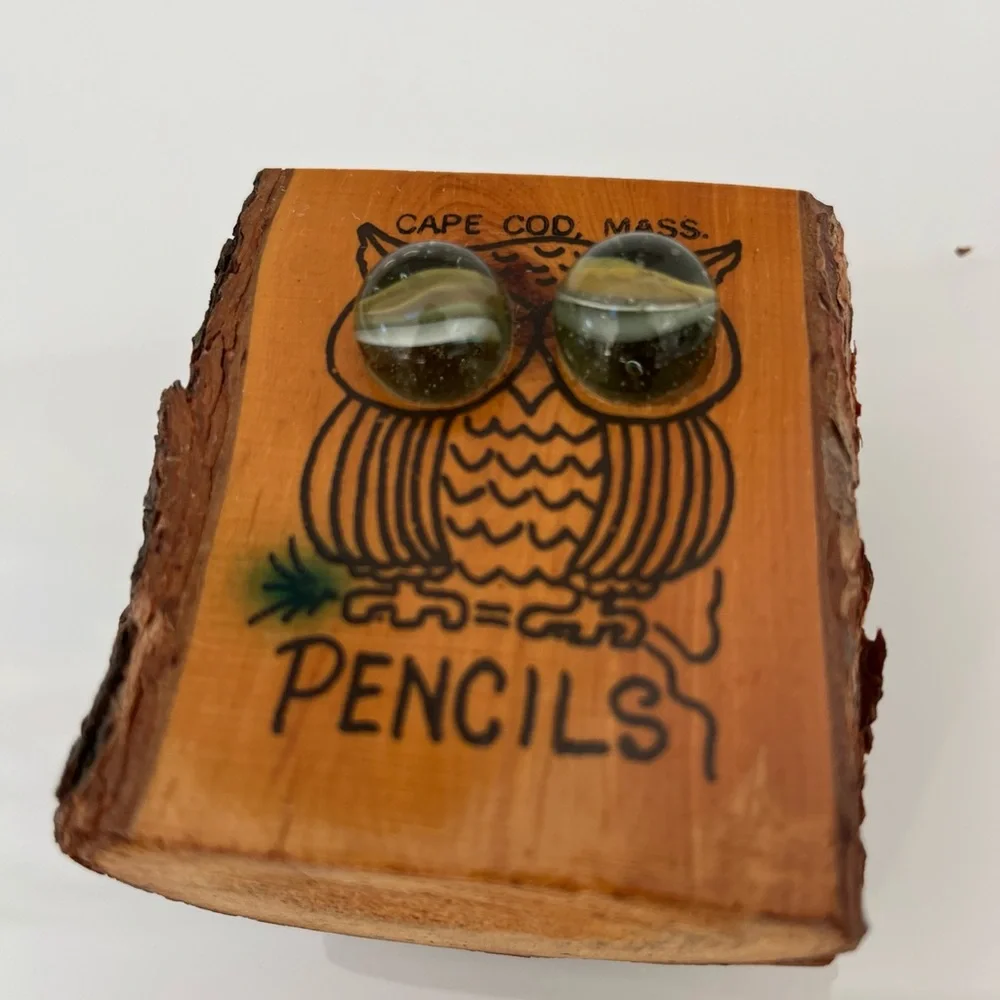 Vintage Owl Tree Trunk Wood Pencil Holder With Marble Eyes Cape Cod Mass